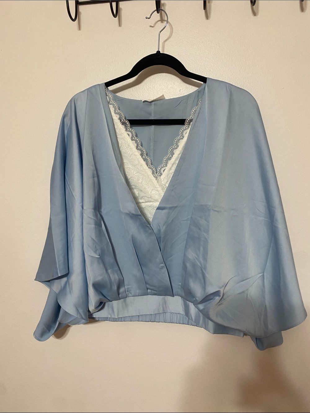 Light Blue Draped V-Neck Satin-like Top with Separate White Lace Cami